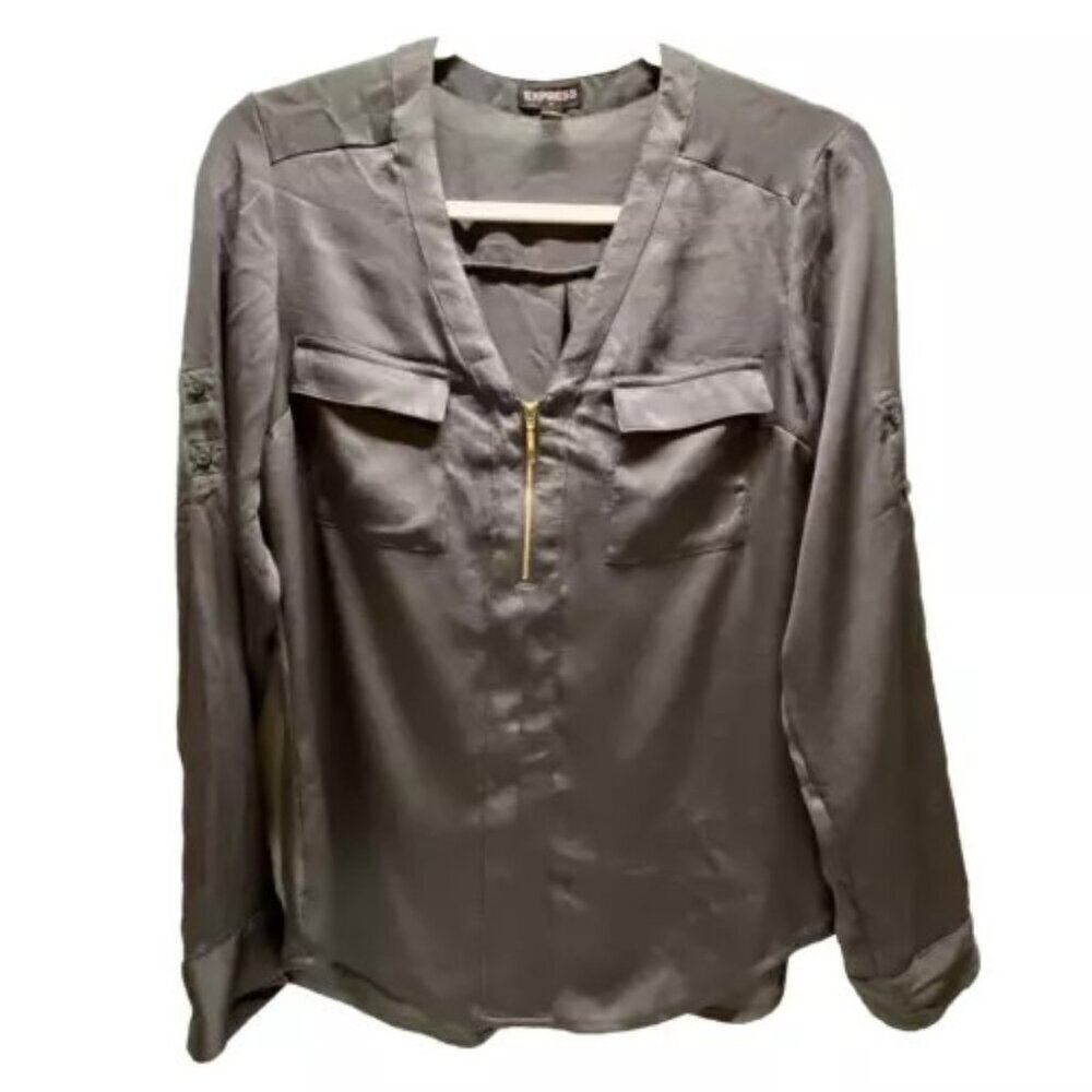 Express Blouse Ladies Small Gray Zip Front‎ Lightweight Roll Tab Sleeves V-Neck